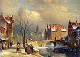 Winter Villagers on a Snowy Street by a Canal